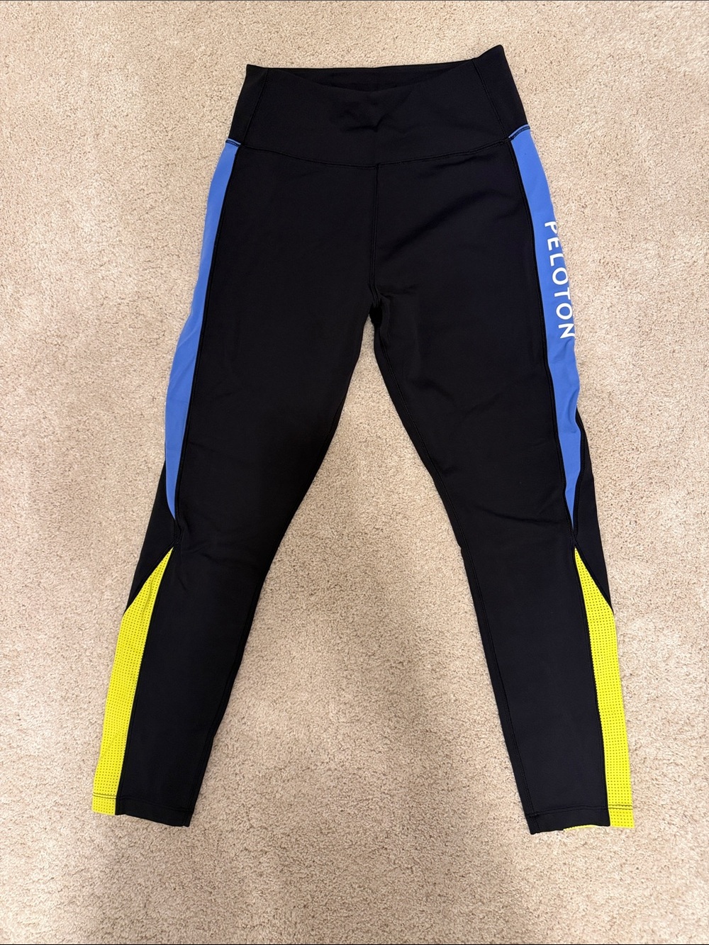 Peloton Black Leggings with Blue Side Panels and Yellow Accents